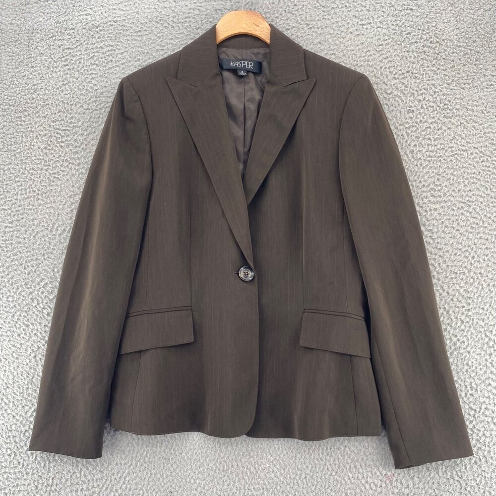Kasper Blazer Womens 6 Brown Striped Peak Lapel Button Up Pockets Office Career